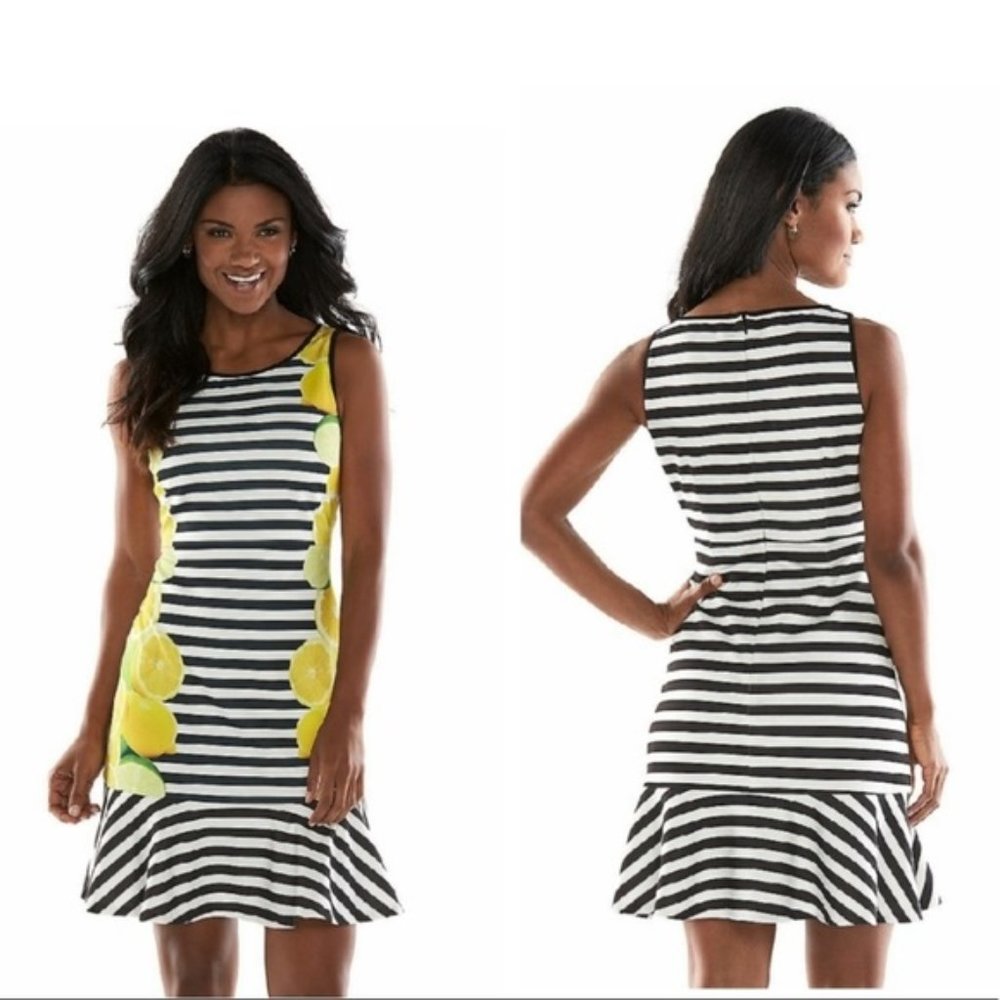 ELLE Lemon print Dress with B/W Stripes 14